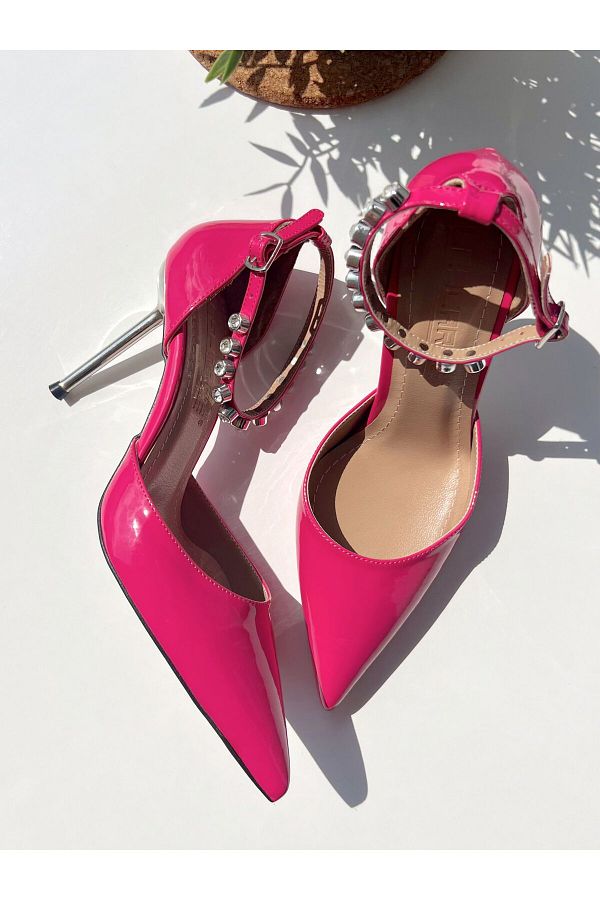 labor collection Fuchsia Pink Patent Leather Women s Evening Dress Heeled Shoes Ankle Stones Pointed Toe 39 Trendyol