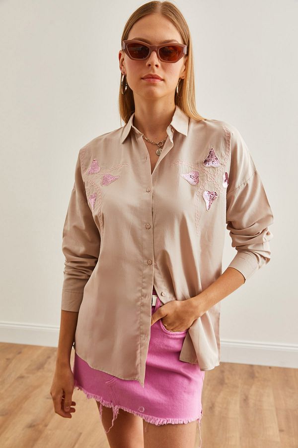 Olalook-Heart Stoned Palm Shirt - Gewebt, Paillettenbesatz, GML-19001225 1