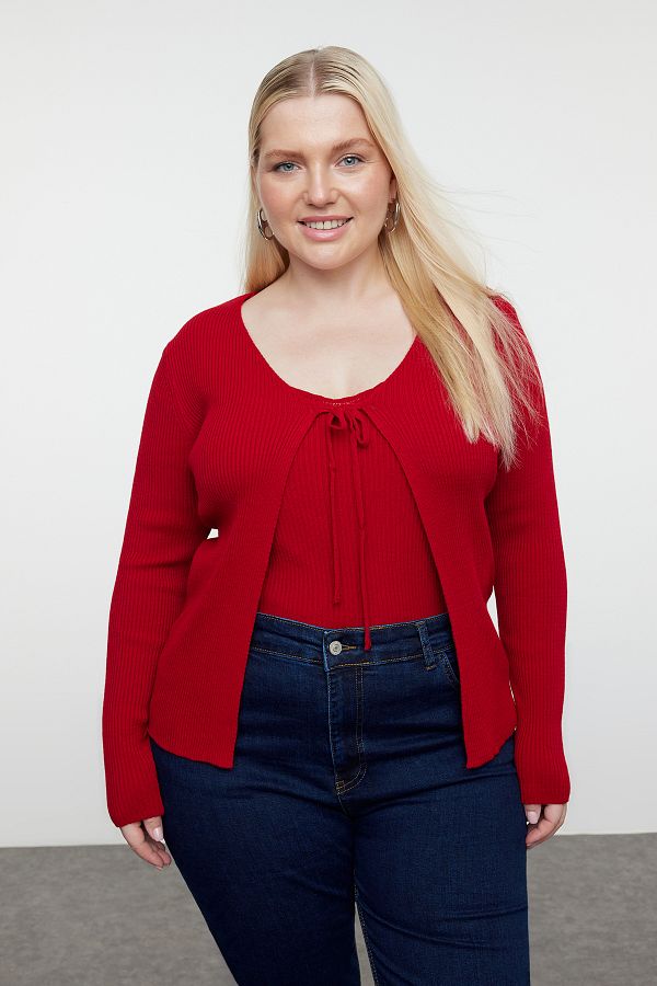 Trendyol Curve Red V Neck Thin Knitwear Cardigan and Undershirt Set TBBAW23AV00047 with Tie Detail Trendyol