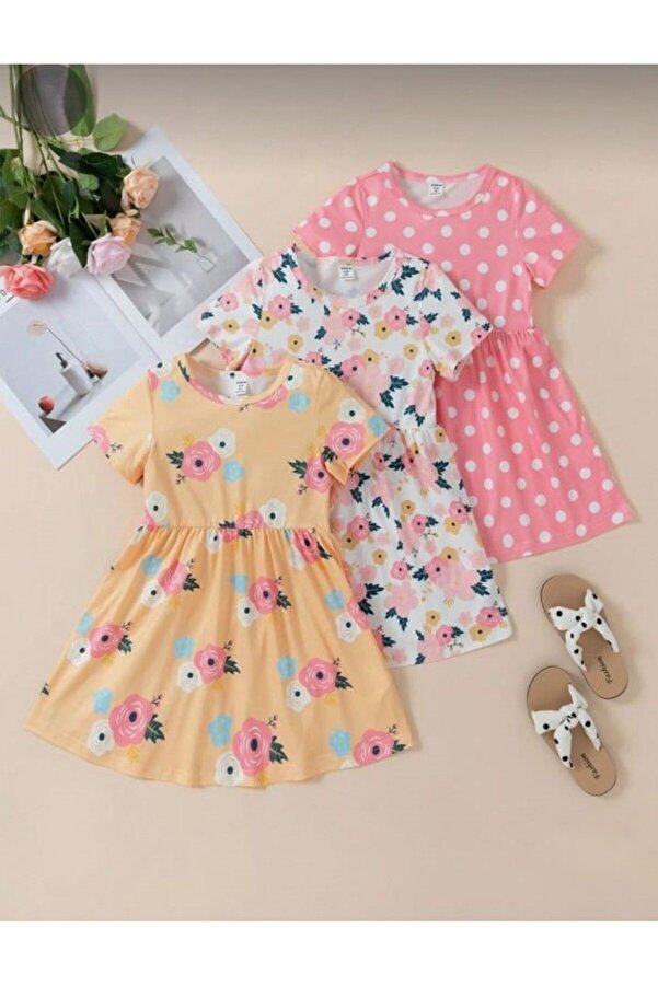 BUUFUU 3 ADET KIZ COCUK BASKILI KISA KOL ELBİSE