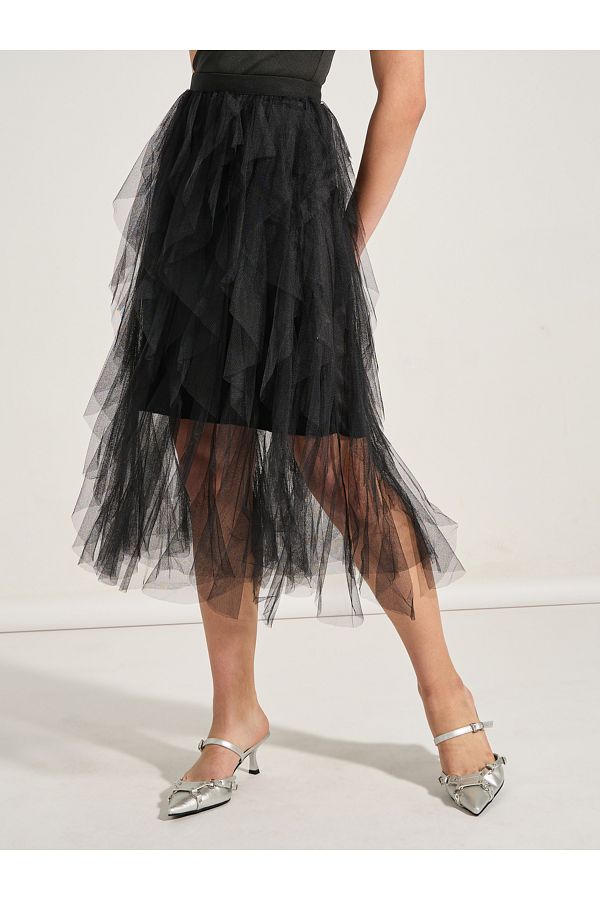 Styli Frill Mesh Insert A Line Midi Skirt Trendyol