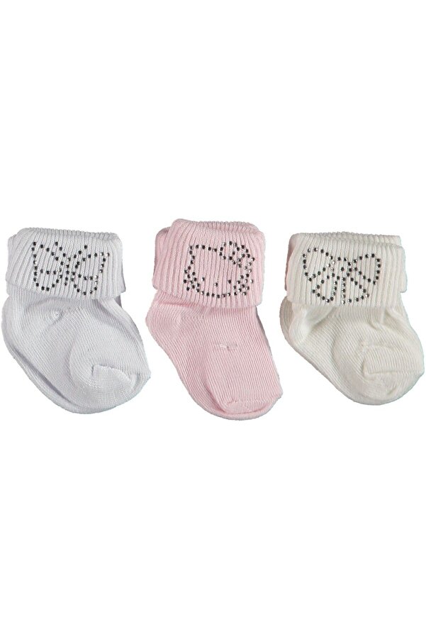 A.D.N SOCKS TAŞ BASKILI KIVRIK MODEL KIZ BEBEK 3'LÜ PATİK ÇORAP SET