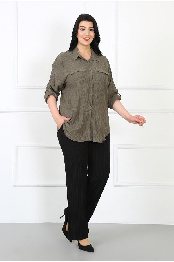 By Alba Collection Plus Size Shirt Khaki Plus Size Trendyol