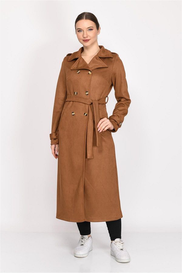 Nuseel Double Breasted Collar Faux Suede Trench Coat Dark Tan Trendyol