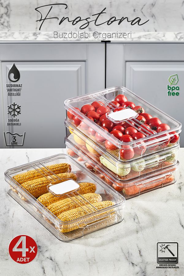 Eva Mia-3 Lt Frostora Transparent Refrigerator Organizer with Lid - 4X Storage Container and Organizer 1