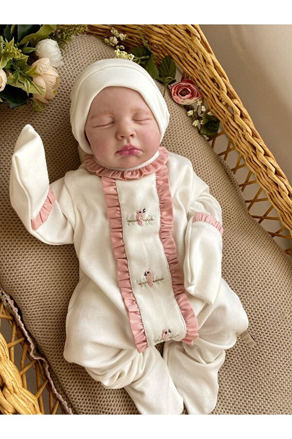 Mama Miel Baby Kız Bebek El Işlemesi Pembe Kuşlu Yenidoğan Tulum Ve Şapka Takımı