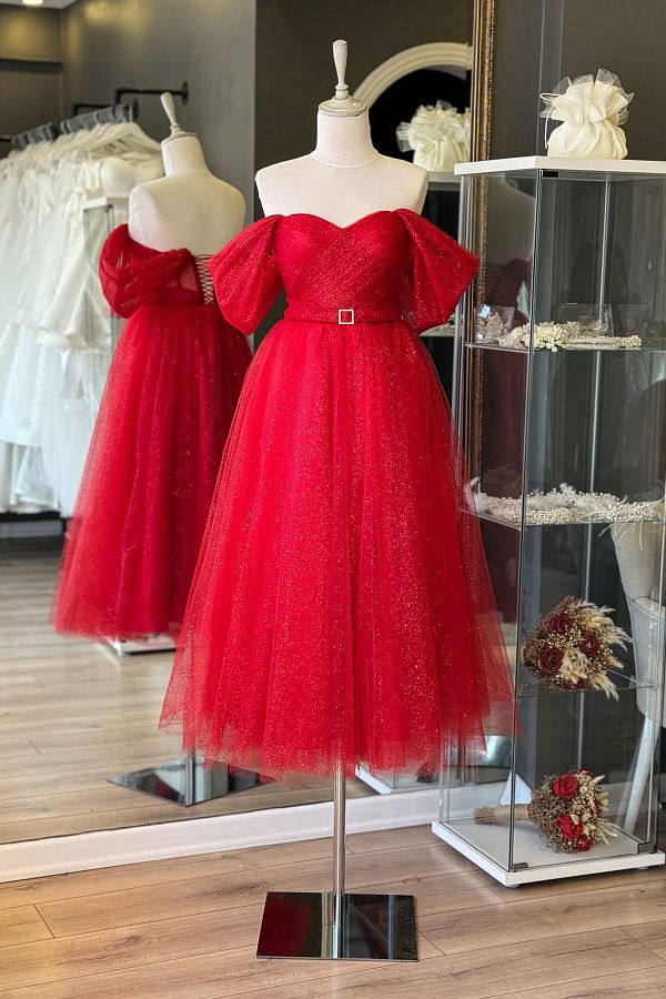 Lenta Moda Red Glitter Midi Evening Dress Transparent Evening Dress with Draped and Belt Detail Trendyol