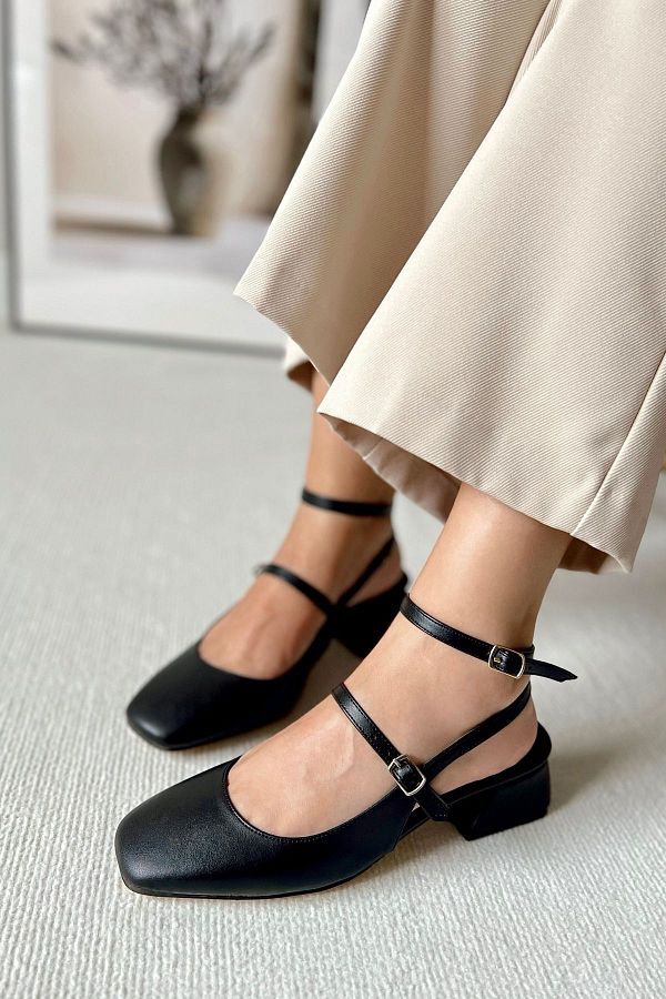 POLKA STORE Women s Mary Jane Black Matte Leather Open Back Square Toe Short Block Heeled Shoes with Helmet Trendyol