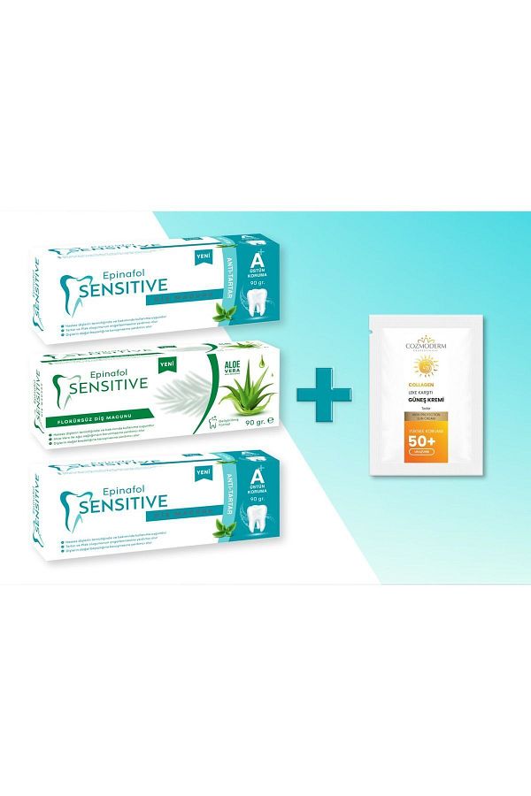 Epinafol Sensitive-مجموعة مختلطة مكونة من 3 معجون أسنان 90 جرام 2 مضاد للتارت 1 صبار 1