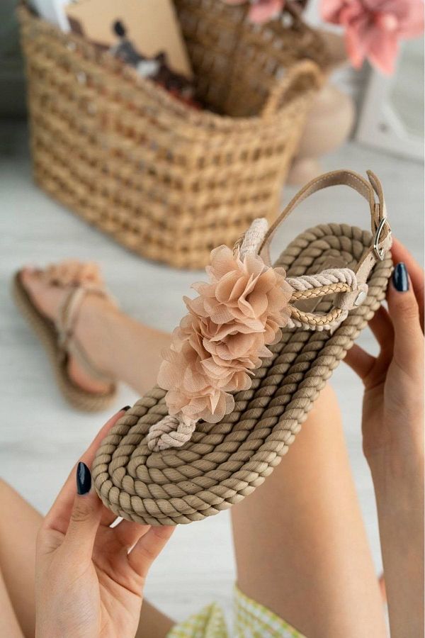 OLA Wicker Flip Flops Floral Women s Rope String Sandals Beige Trendyol