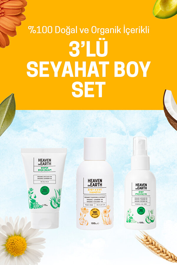 Heaven on Earth Pişik Kremi, Masaj Yağı, 100 ml Bebek Ve Çocuk Şampuan %100 Doğal Organik Vegan Seyahat Boy Seti