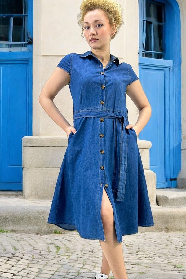 Cap sleeve denim dress shop