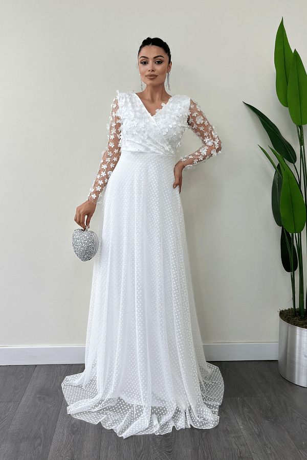 giyimmasalı-Rochie tridimensională cu flori - albă 1