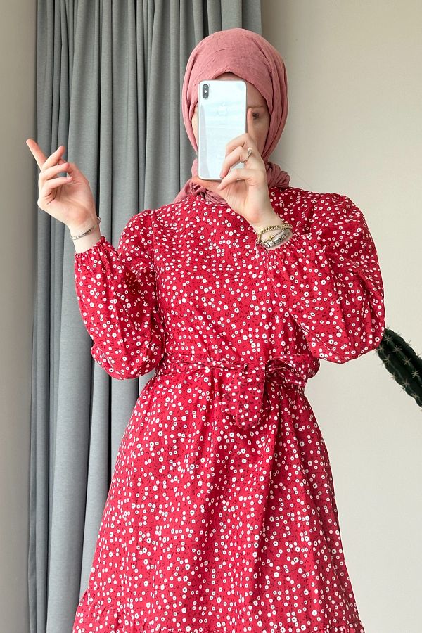 ModaAycan Red MA128 Model Small Daisy Print Dress Trendyol