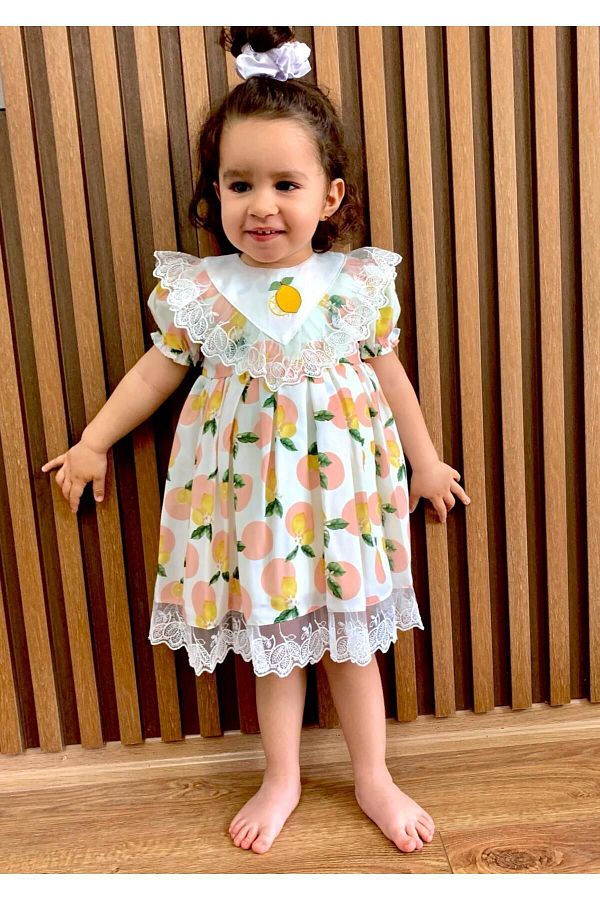 Minikiti Baby Girl Lace Lemon Ruffle Lined Stylish Birthday Eid Special Occasion Dress