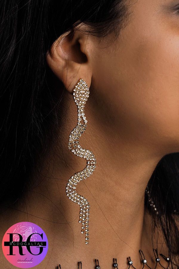 RGELEGANCE Premium Accessories Long Gift Hanging Crystal Jewelled Snake Earrings Gold Colored Couple Evening Dress Earrings Trendyol
