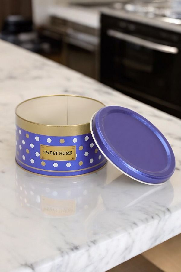 EVLE-Ef139-69 Point Blue Patterned Round Metal Storage Container 14 Cm 1