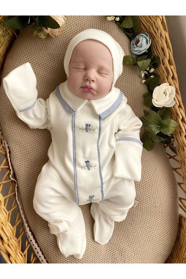 Mama Miel Baby El Işlemesi Mavi Kuşlu Erkek Yenidoğan Tulum Ve Şapkası