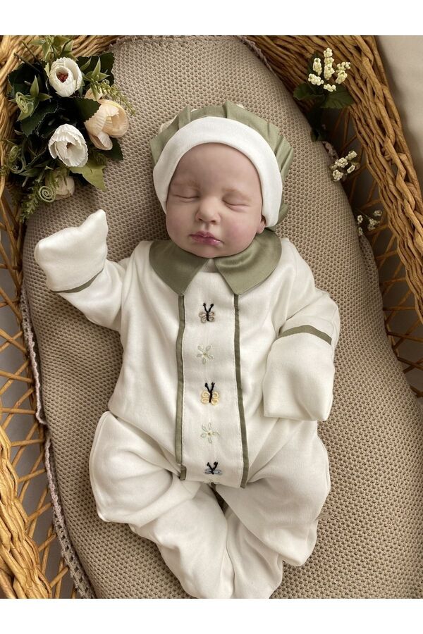 Mama Miel Baby Haki El İşlemesi Kelebekli Yenidoğan Tulum ve Fırfırlı Bere Şapkası
