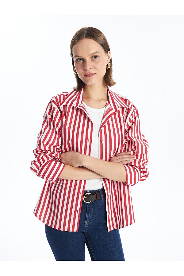 LC Waikiki-Țesătură Poplin - Cămașă oversize cu mânecă lungă în dungi pentru femei LCW 1