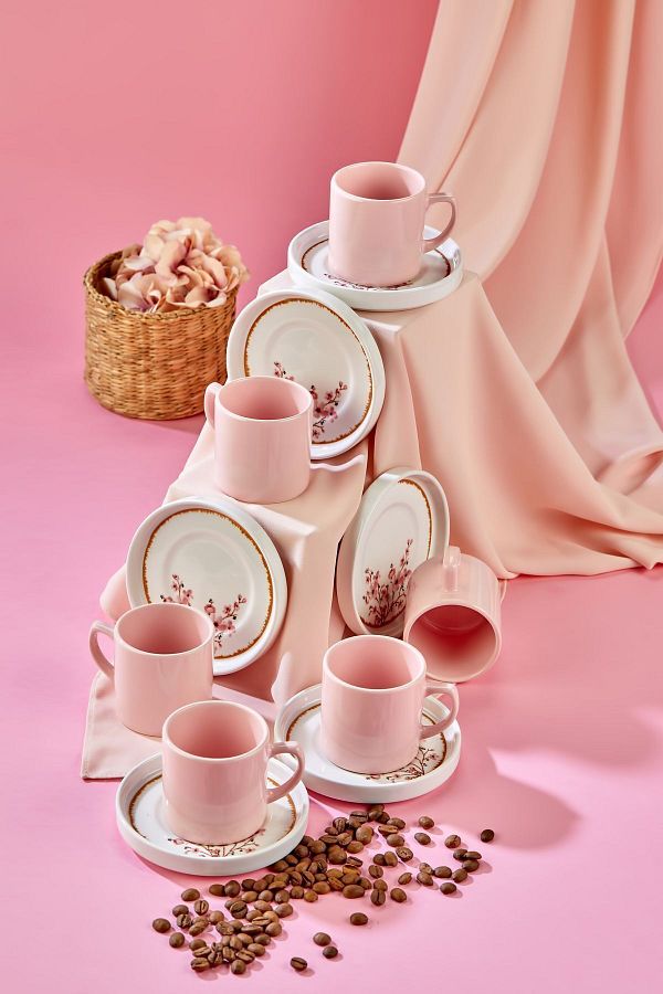Babion-Bond Sakura 12 Piece Luxury Ceramic Coffee Cup Set for 6 People Pink 1