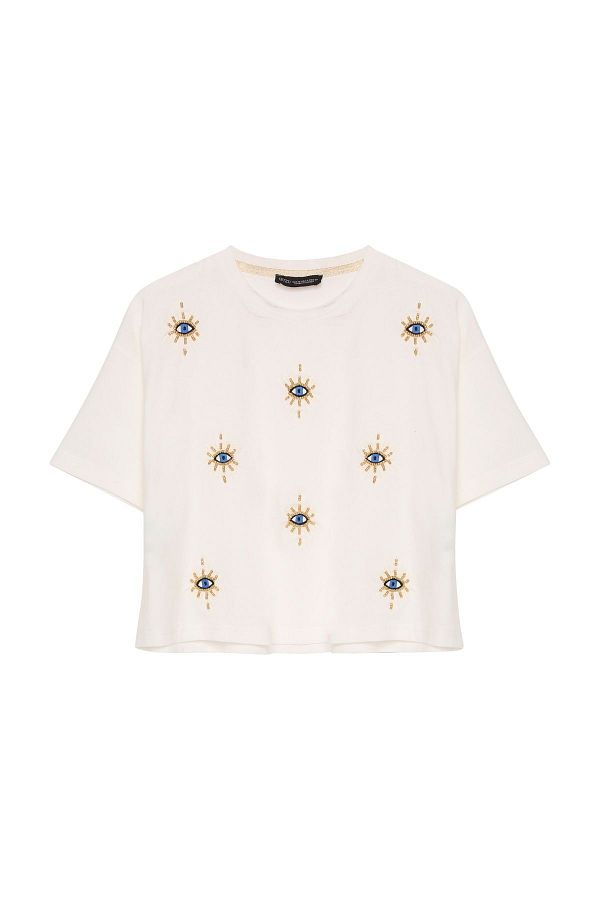 Quzu-Basic Crop T-Shirt with Bead and Embroidery Detail 1