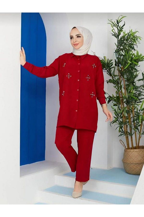 ECK MODA-طقم قميص من قماش الكتان باللون العنابي مع ياقة وأزرار - نسائي 1