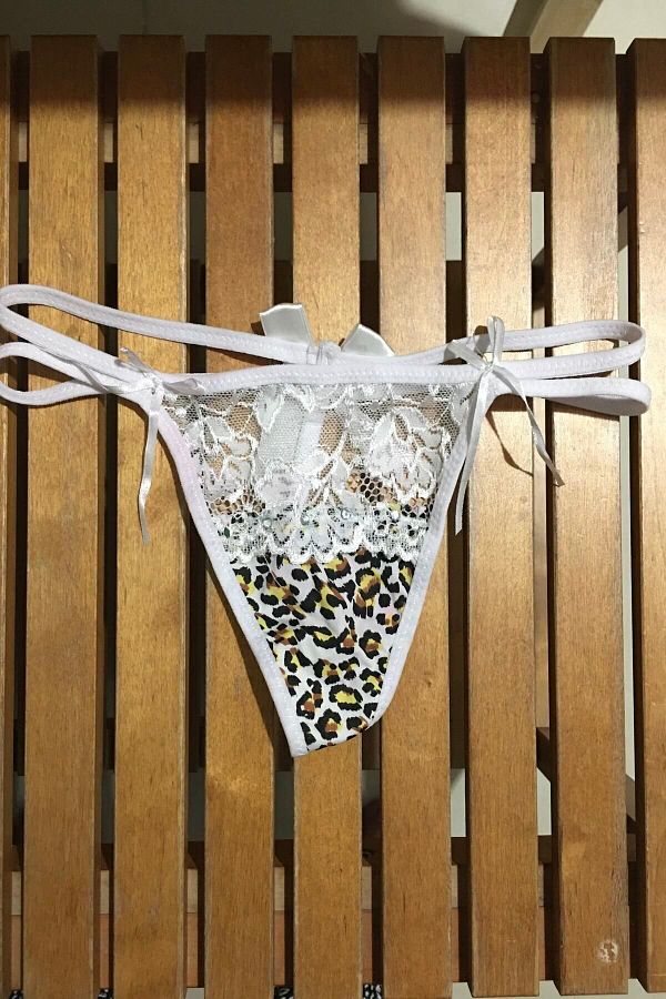 Nana & Mayka Moda-Leopard Patterned Stone Bow Double Elastic String Thong White Fancy Panties Xs-S-M Standard 1