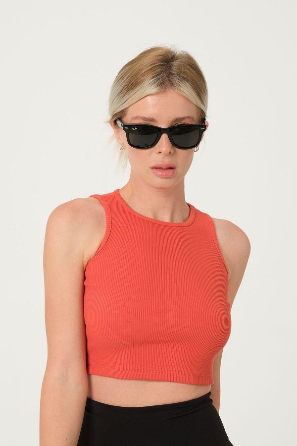 Domoda-Orangefarbenes Crop-Top mit Neckholder und gestrickter, gerippter Sportlerbluse 1