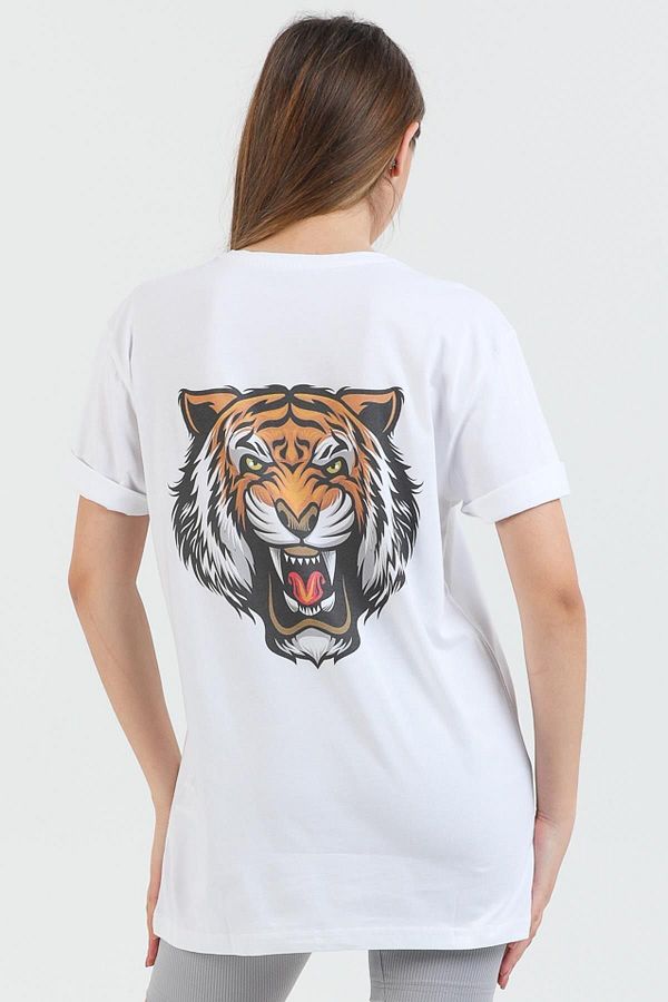 Blah-Weißes Oversize-Damen-T-Shirt aus Baumwolle mit Tiger-Print und Rundhalsausschnitt. 1