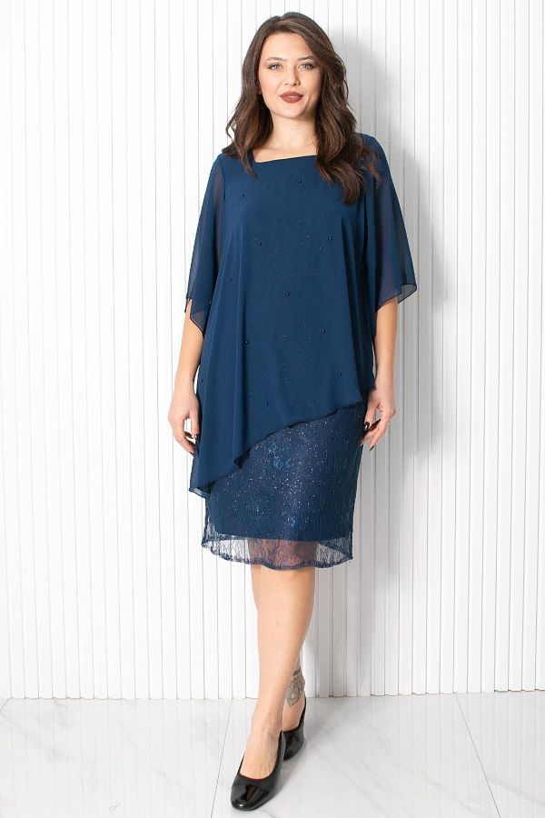 SUBU TASARIM-Pearl Chiffon Evening Dress Navy Blue FHM908 1