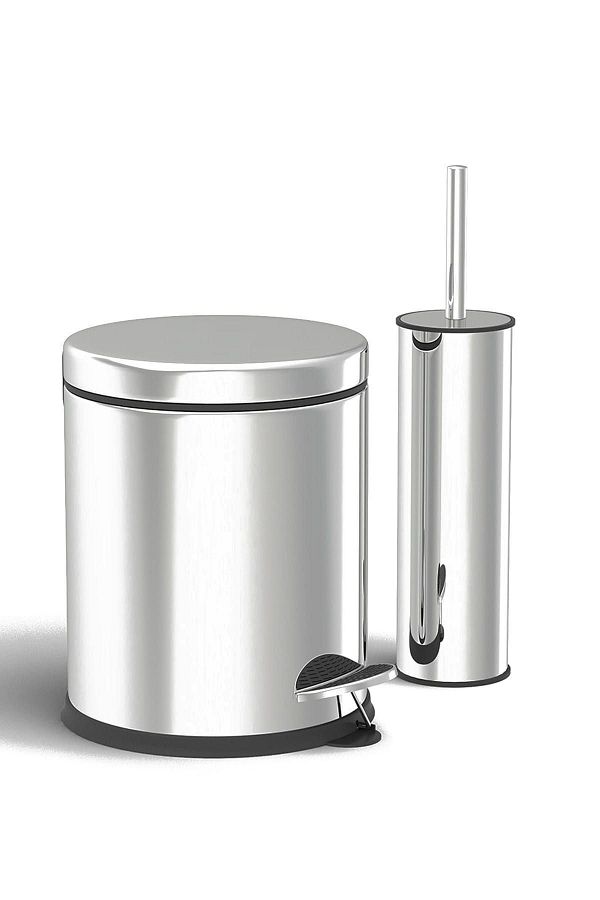 Alper Banyo-Stainless 5 Lt Trash Can - Toilet Brush Set of 2 Bathroom Set (Glossy) 1