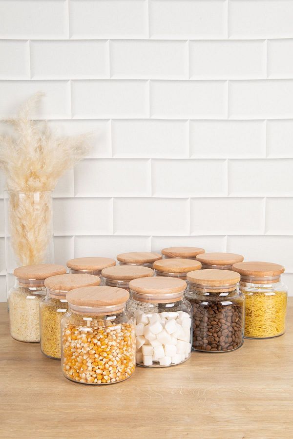 DNS HOME-12-Piece Wooden Glass Jar with Vacuum Lid Storage Container Spice Jar Set Pulses Set 500 ml 1