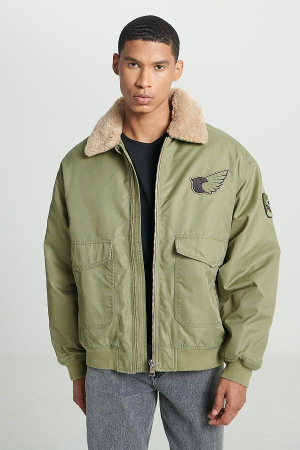 Lee-Regular Fit Regular Cut Patch Detailed Sherpa Collar Khaki Bomber Jacket 1