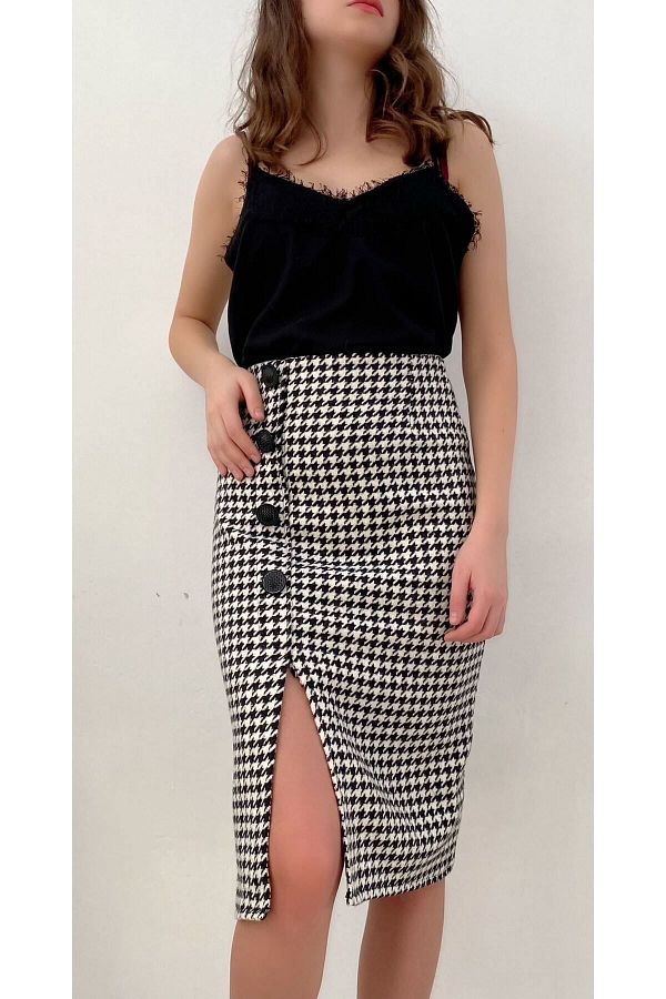 Mois Atelier Plus Size Black White Slit Knee Length Pencil Skirt Houndstooth Patterned Gift Trendyol
