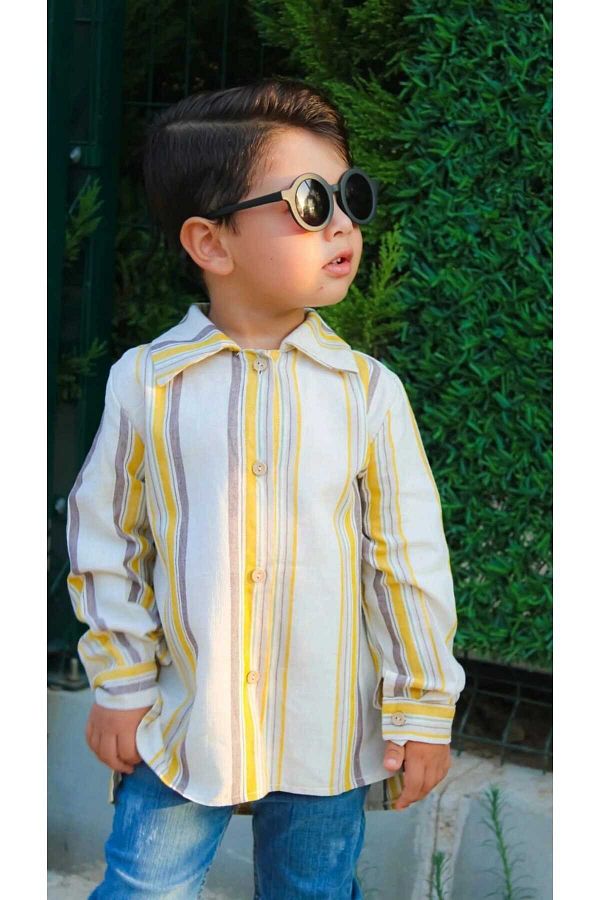 Ares Kids Fashion-Cămașă de in Alb Galben Îmbrăcăminte pentru copii și bebeluși Ocazii speciale Îmbrăcăminte elegantă pentru bărbați 1