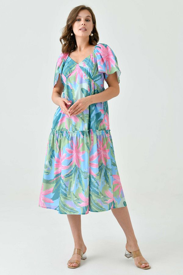 WOMAN VISION-Tropical Patterned and Gipe Detailed Midi Flared Evening Dress - V-Neck 9187 1