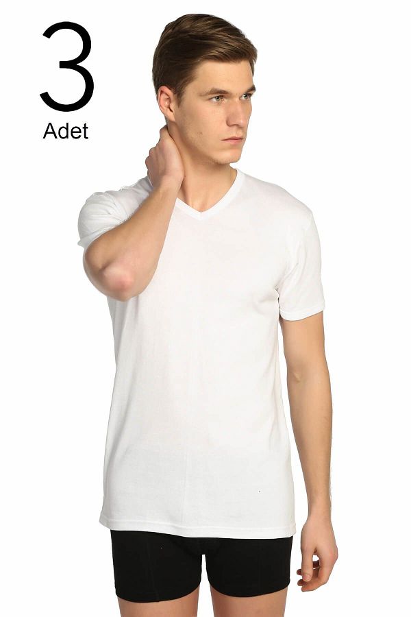 Tutku-Tricou alb cu decolteu în V cu nervuri pentru bărbați, pachet de 3 1