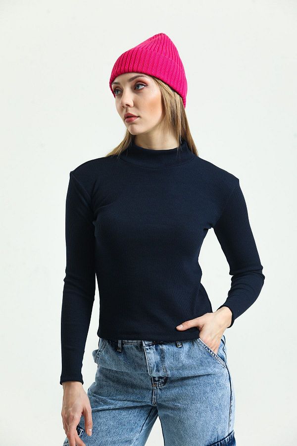 Domoda-Marineblaue, gerippte, langärmlige Strickbluse mit Rollkragen 1