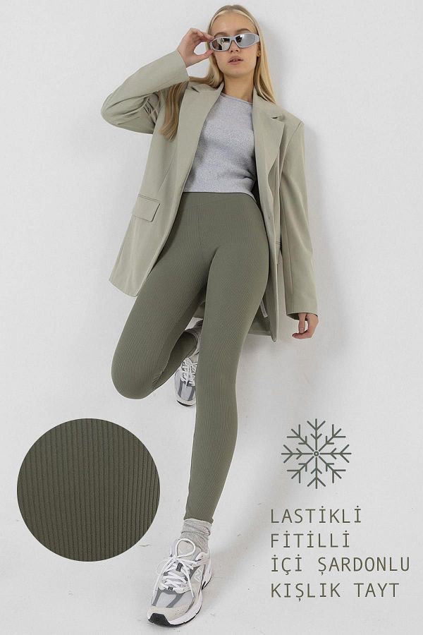 Domoda-Innenseite aus mintfarbenem Fleece, elastisch, erhöht, gerippt, Interlock-Winterstrick-Leggings mit Raffung @verona 1