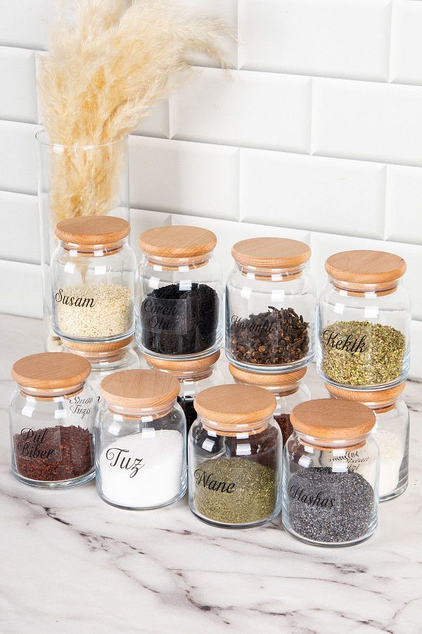 DNS HOME-Set of 12 Spice Jars with Wooden Lids, Storage Container Jar Set with Transparent Label, 300 ml 1
