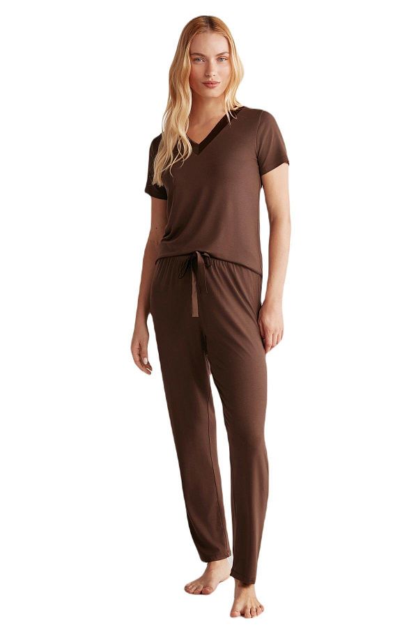 Catherines CATHERINES Soft Textured V neck Short Sleeve Women s Pajamas Set Trendyol