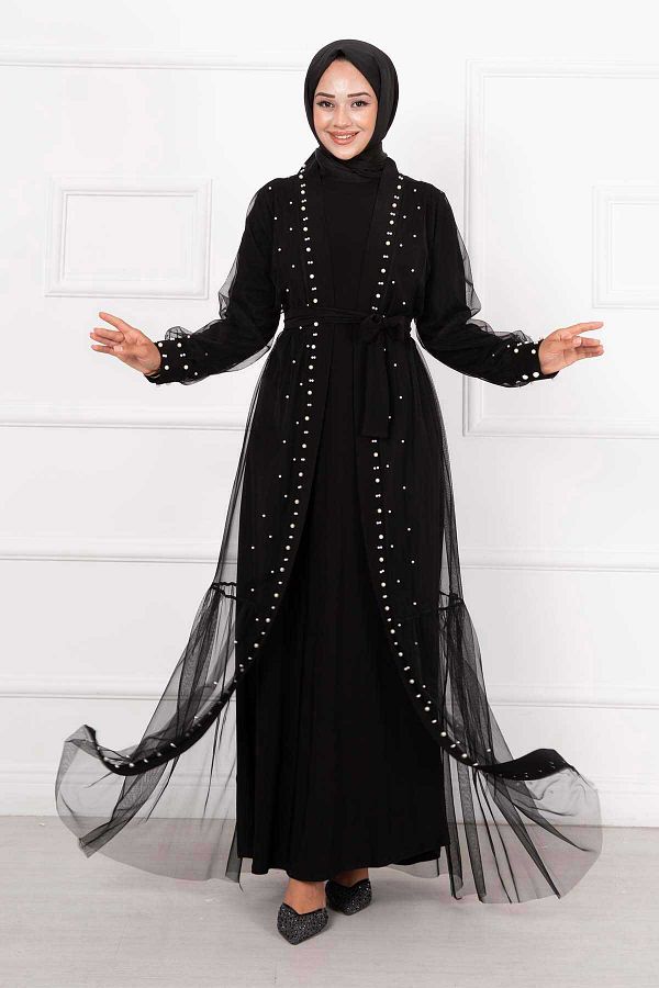 Gulsum Ayd n Black Pearl Detailed Abaya Double Set Trendyol