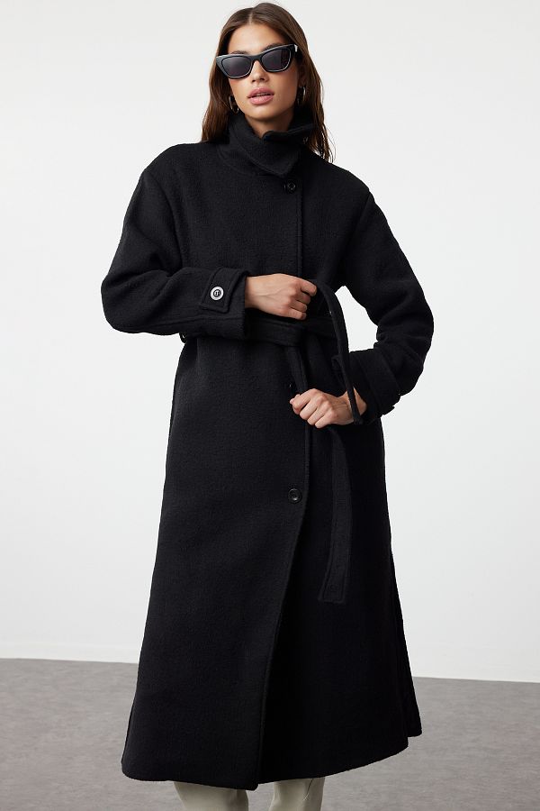 Trendyol Collection Oversize Black Woolen Coat - Collar
