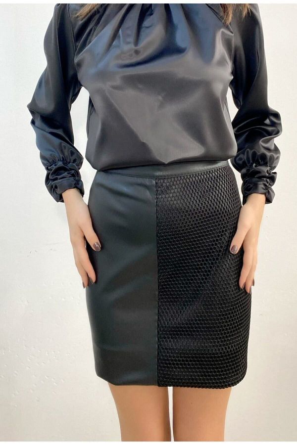 Mois Atelier Large Size Leather Skirt with Mesh Detail Gift Design Trendyol