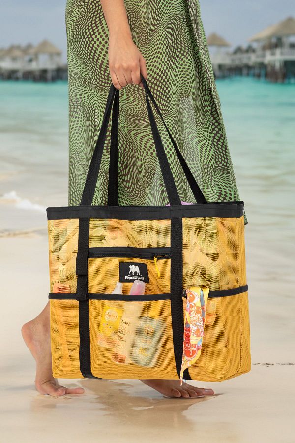 ELEPHANT CANTA Yellow Transparent Mesh Beach Bag Large Multi Pocket and Durable Trendyol
