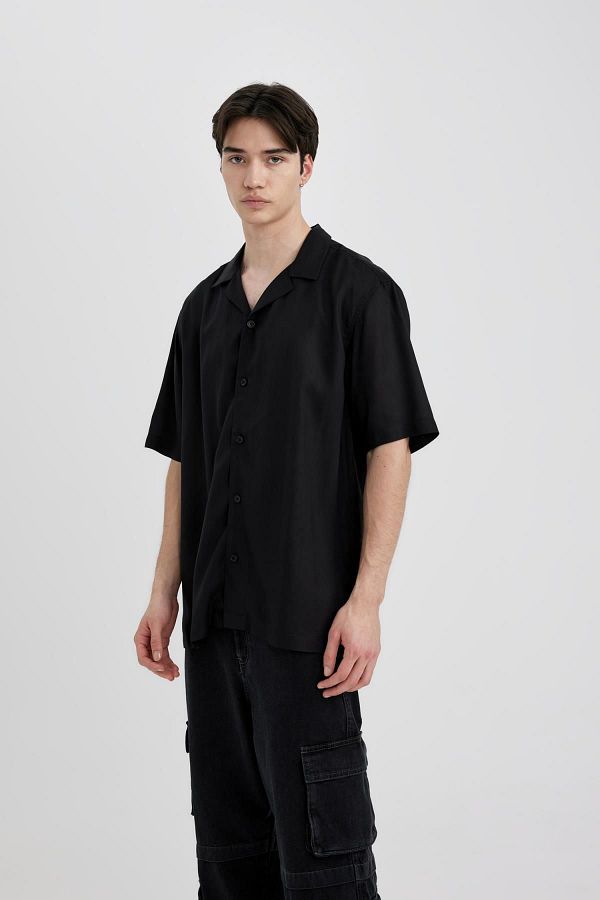 DeFacto-Summer Regular Fit Apache Collar Viscose Plain Short Sleeve Shirt C4735Ax24Sm 1