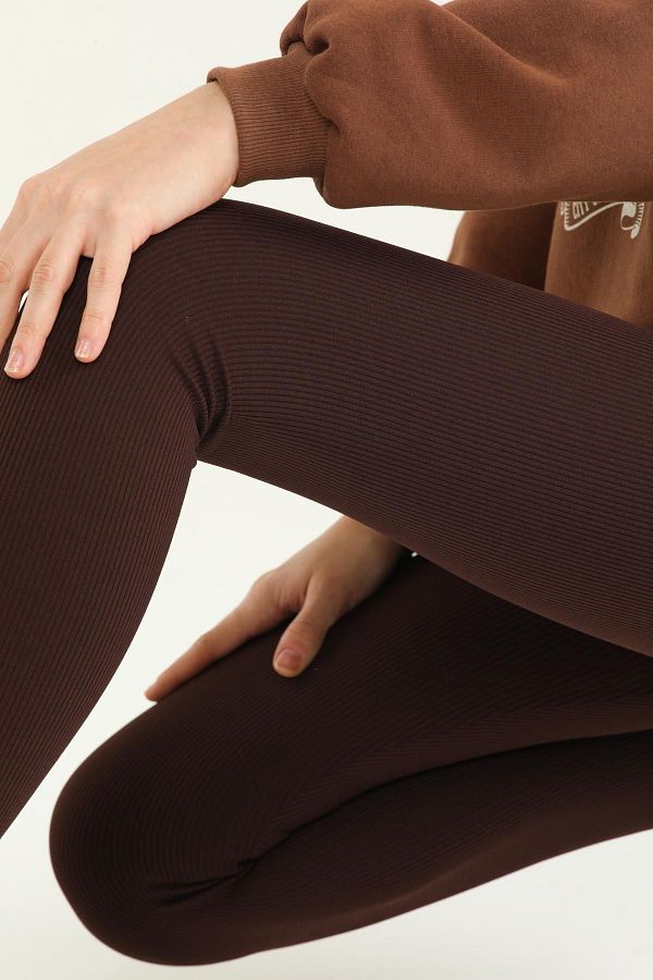 Domoda Dark Brown High Waist Ribbed Elastic Knitted Tights with Interlock Waist Trendyol