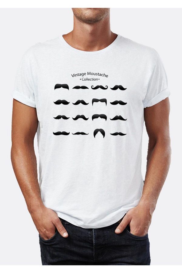 Blah-Weißes, bedrucktes Herren-T-Shirt mit Rundhalsausschnitt aus der Moustache-Kollektion 1