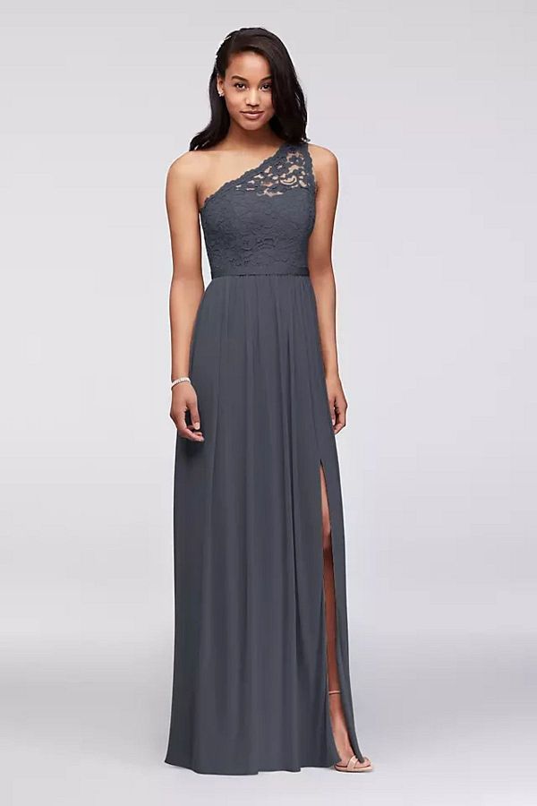 Oleg Cassini Dark Gray Long Evening Dress with One Shoulder Lace Detail F17063 Trendyol